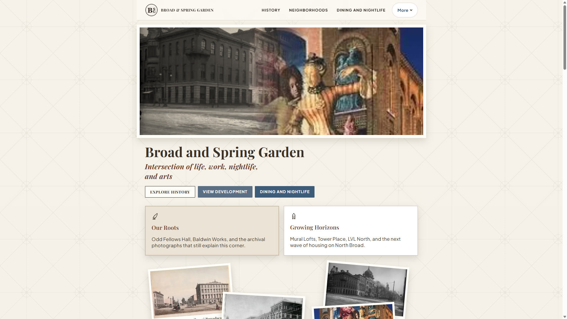 Broad and Spring Garden homepage with archival and mural photos