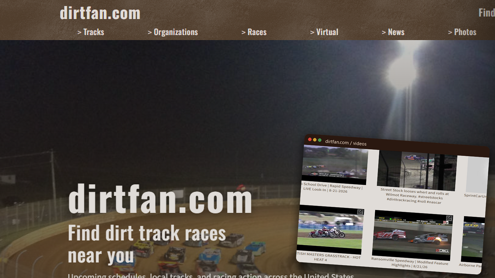 DirtFan.com at night: lit dirt oval, find-races headline, and a window of racing videos