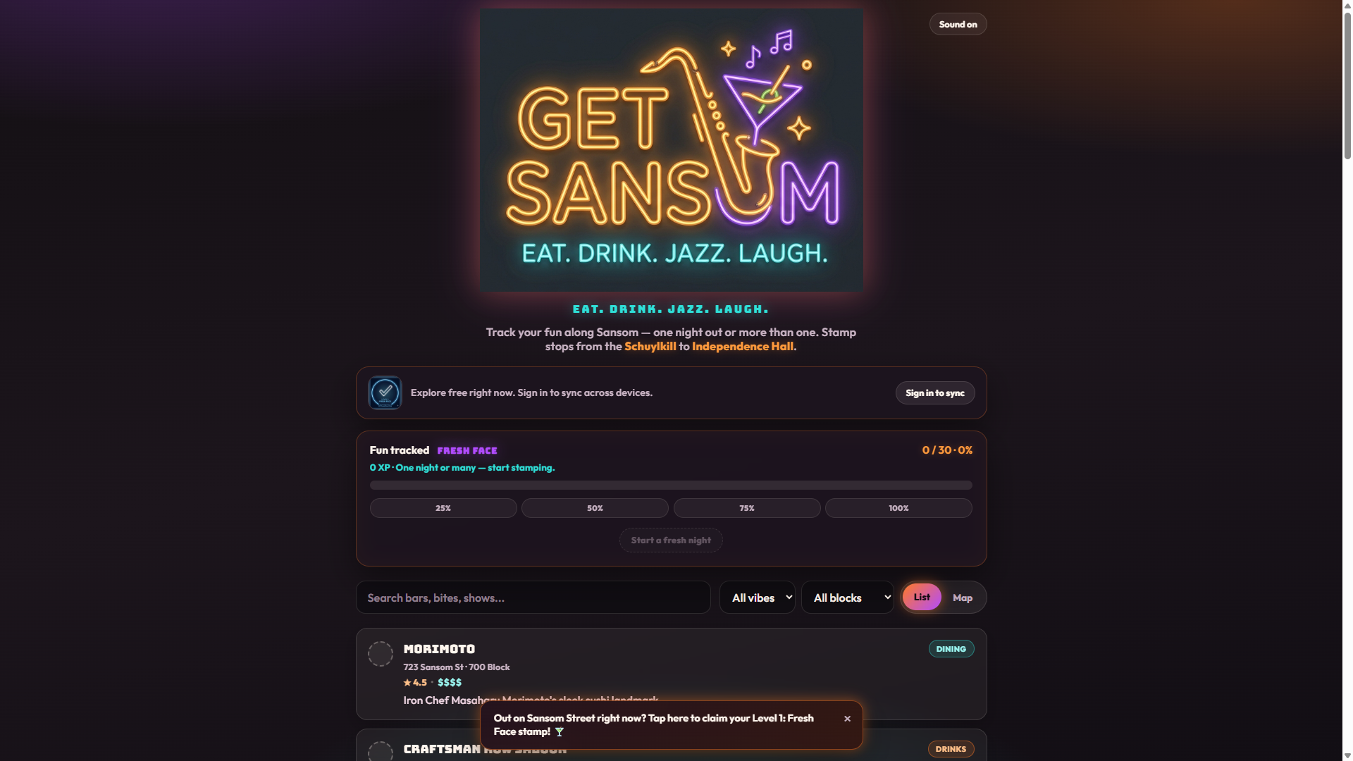 Get Sansom nightlife passport with stamp progress and venue list