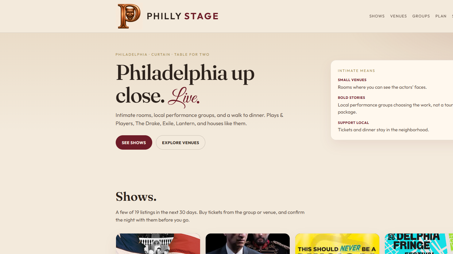 PhillyStage.com homepage with intimate theater headline and upcoming Philadelphia show cards