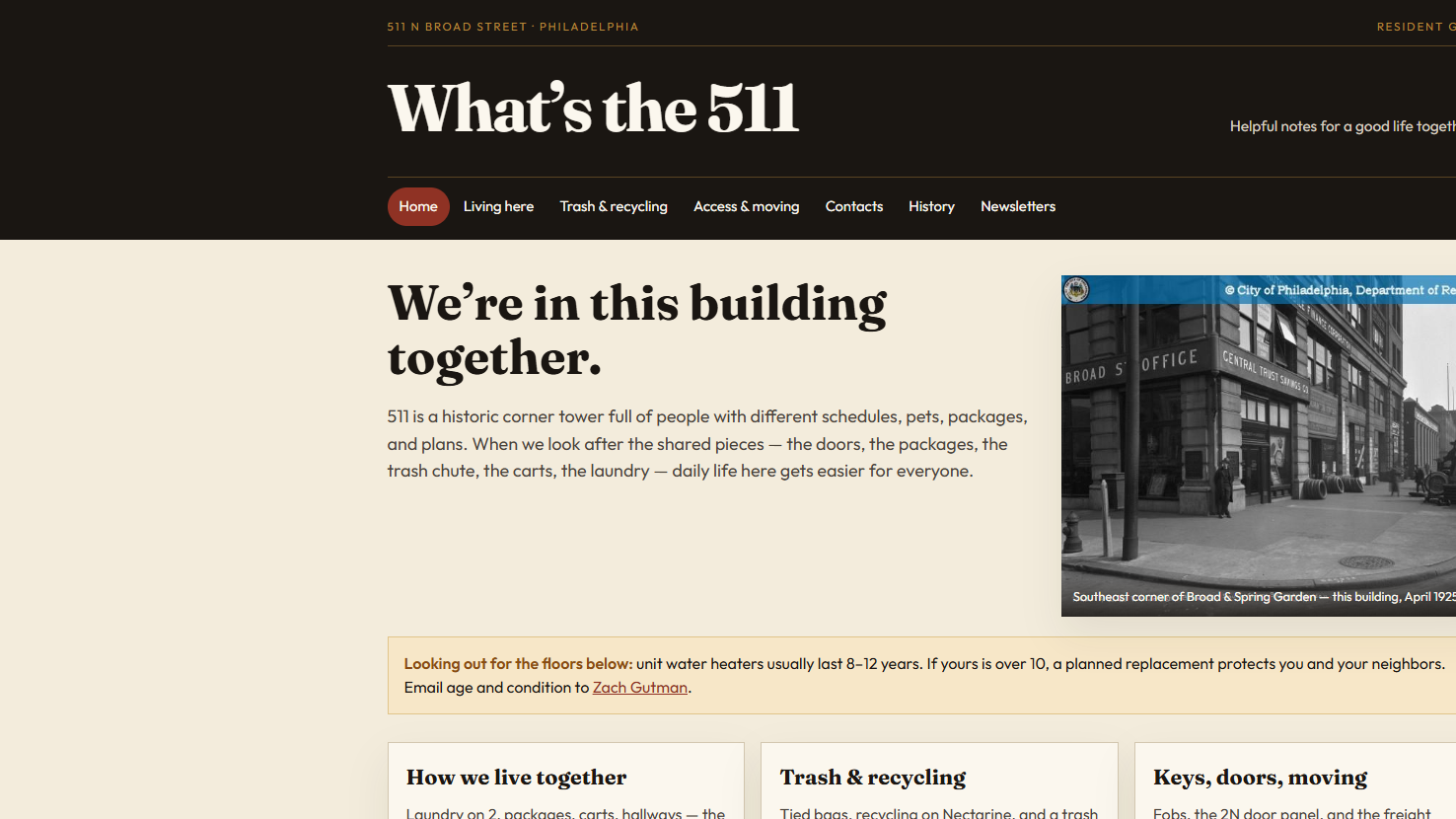 WhatsThe511.com homepage with 511 N Broad building history photo and resident guide cards